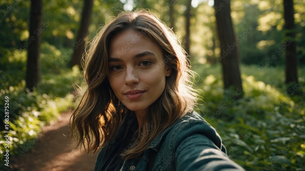 Young Woman Enjoying a Sunny Day in a Lush Green Forest While Taking a Selfie on a Nature Trail Young Woman Enjoying a Sunny Day in a Lush Green Forest While Taking a Selfie on a Nature Trail