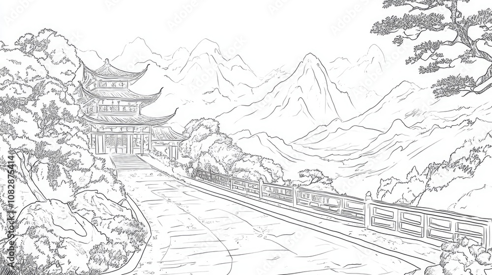 Line art illustration of artistic design for a road in an Asian inspired style Line art illustration of artistic design for a road in an Asian inspired style