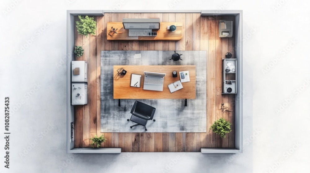 Modern Home Office Workspace: Top-Down View of a Stylish and Functional Workspace Design Modern Home Office Workspace: Top-Down View of a Stylish and Functional Workspace Design