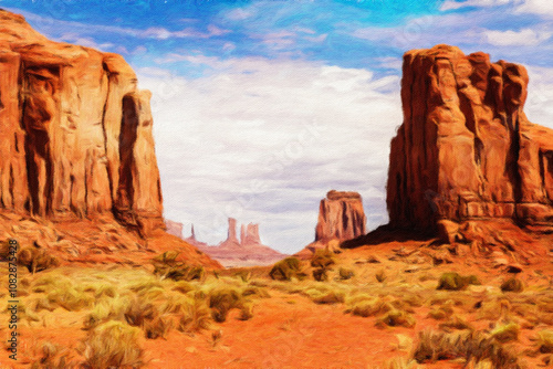 Creative illustration in vintage watercolor design - Monument Valley in USA, red panorama with blue sky.