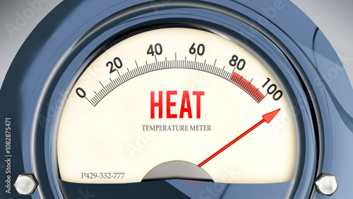 Heat and Temperature Meter that is hitting a full scale, showing a very high level of heat, overload of it, too much of it. Maximum value, off the charts.  ,3d illustration