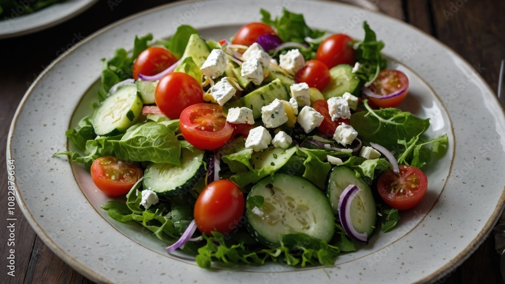 Fresh Garden Salad With Cherry Tomatoes, Cucumbers, and Feta on a Rustic Wooden Table Fresh Garden Salad With Cherry Tomatoes, Cucumbers, and Feta on a Rustic Wooden Table