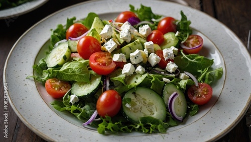 Fresh Garden Salad With Cherry Tomatoes, Cucumbers, and Feta on a Rustic Wooden Table