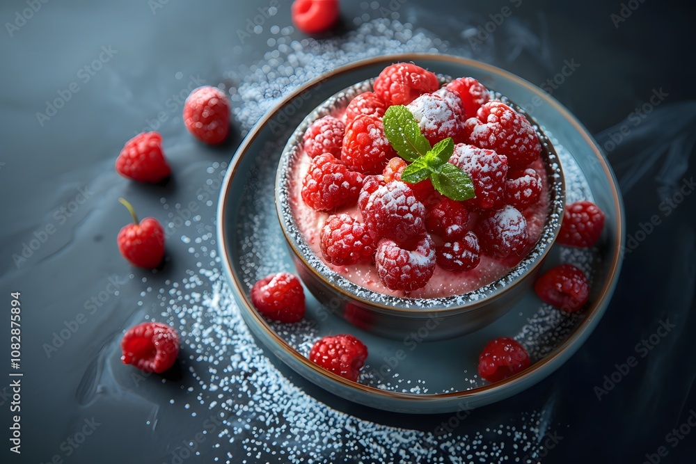 Creamy Raspberry Mousse Dessert Topped with Fresh Berries, Powdered Sugar, and Mint Leaves on a Dark Table
Creamy Raspberry Mousse Dessert Topped with Fresh Berries, Powdered Sugar, and Mint Leaves on a Dark Table
