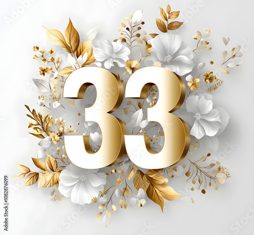  33 number design with luxurious white and gold floral decorations, perfect for milestone events, birthdays, or anniversaries. Aesthetic, classy, and elegant artwork photo