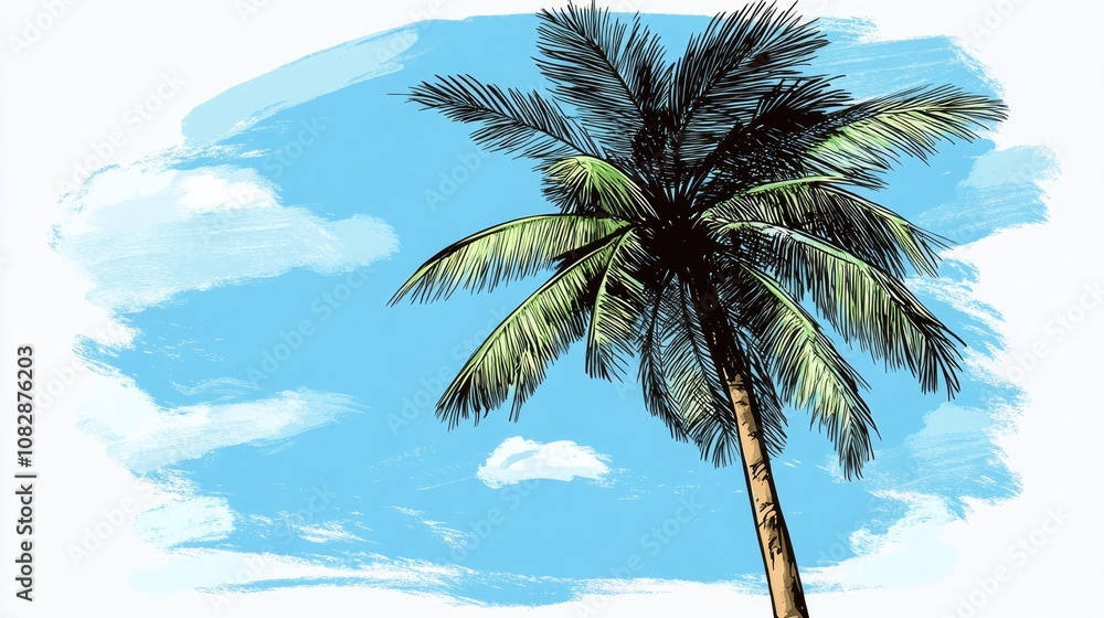 Line art illustration of a palm tree set against a blue sky backdrop Line art illustration of a palm tree set against a blue sky backdrop