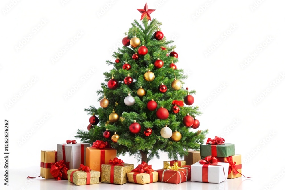 Christmas tree with red gifts in living room decoration for Happy New Year Christmas tree with red gifts in living room decoration for Happy New Year