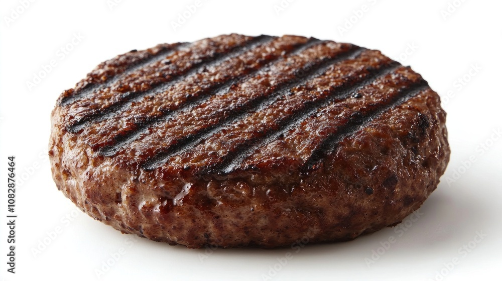 Grilled hamburger patty on white background with clipping path, charred texture and juicy flavor emphasized in a clean and crisp presentation Grilled hamburger patty on white background with clipping path, charred texture and juicy flavor emphasized in a clean and crisp presentation