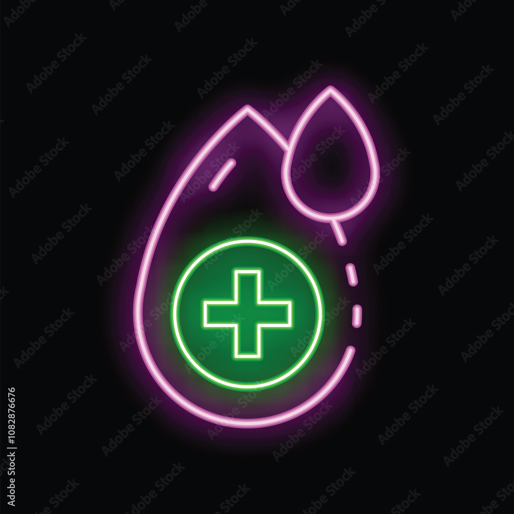 Neon icon of blood donation with medical cross glowing on dark background Neon icon of blood donation with medical cross glowing on dark background