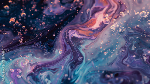 Swirling patterns of vibrant purple, blue, and pink create a mesmerizing abstract artwork, showcasing bubbles that float throughout the fluid paint canvas photo