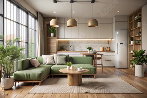 Wallpaper Mural Modern open concept living space, Scandinavian interior design, green velvet sofa, wooden coffee table, pendant lights, white kitchen cabinets, large windows, natural light, indoor plants, hardwood fl Torontodigital.ca