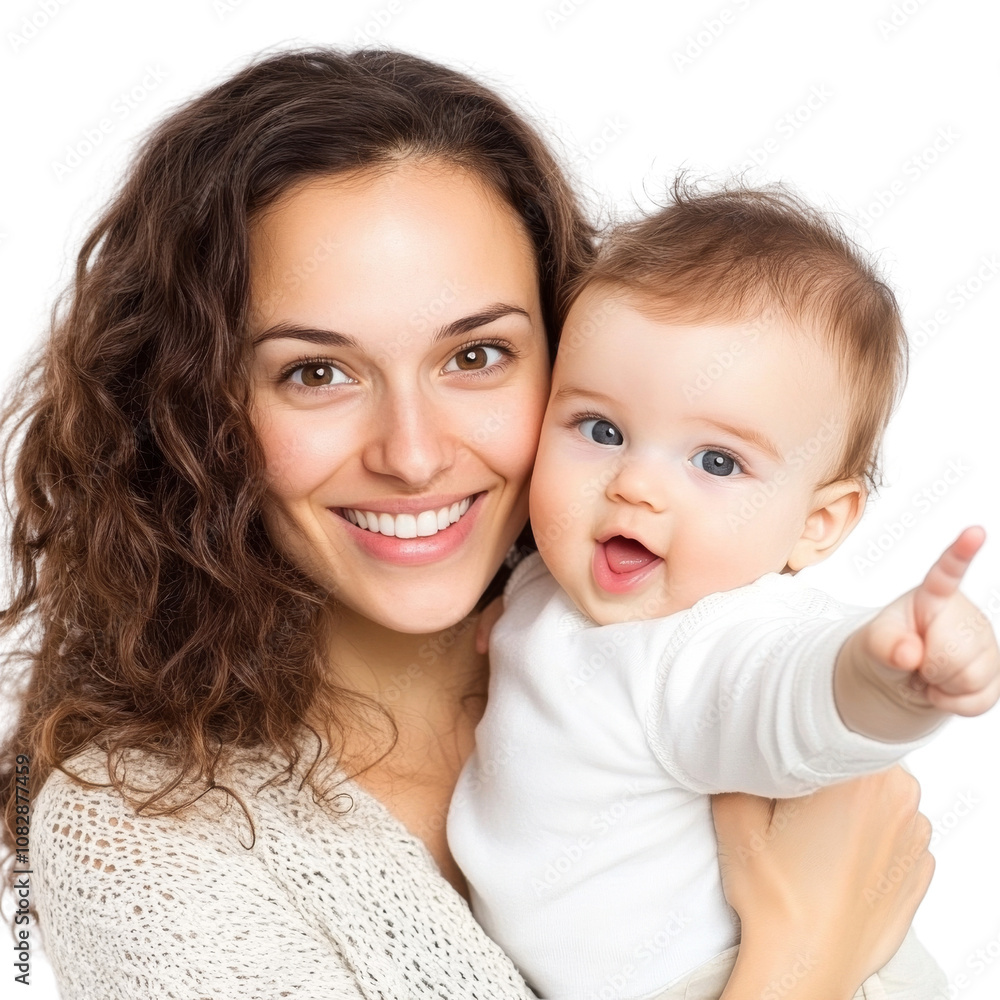 A woman is holding a baby and pointing to the camera. png transparent background A woman is holding a baby and pointing to the camera. png transparent background