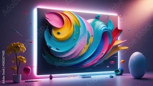 Creative digital art displaying vibrant swirls and colorful shapes in modern interior abstract concept inspiring environment