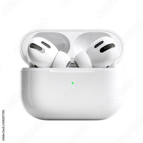 A pair of white earbuds with a green light on the front. png transparent background photo