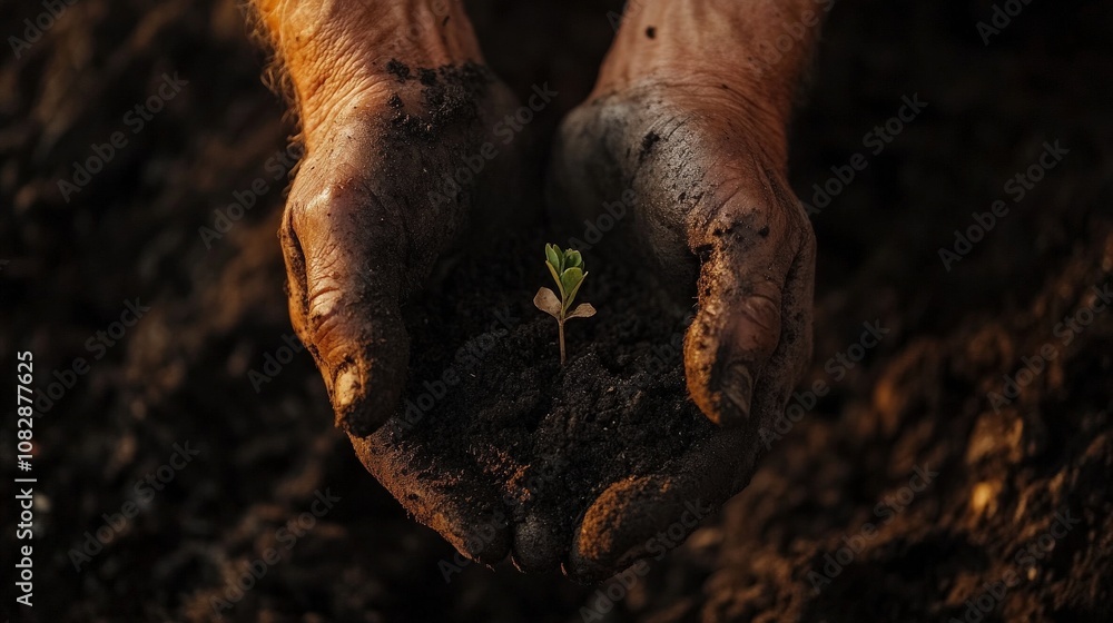 A Pair of Muddy Hands Holding a Small Sapling in Soil A Pair of Muddy Hands Holding a Small Sapling in Soil