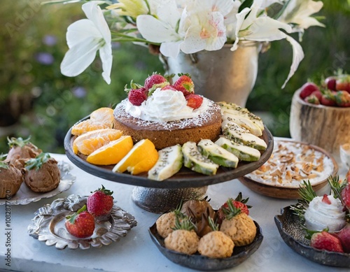 Elegant Dessert Table Featuring a Variety of Vegan and Gluten-Free Baked Goods, Fresh Fruits, and Whipped Coconut Cream Garnishes for a Healthy Sweet Treat