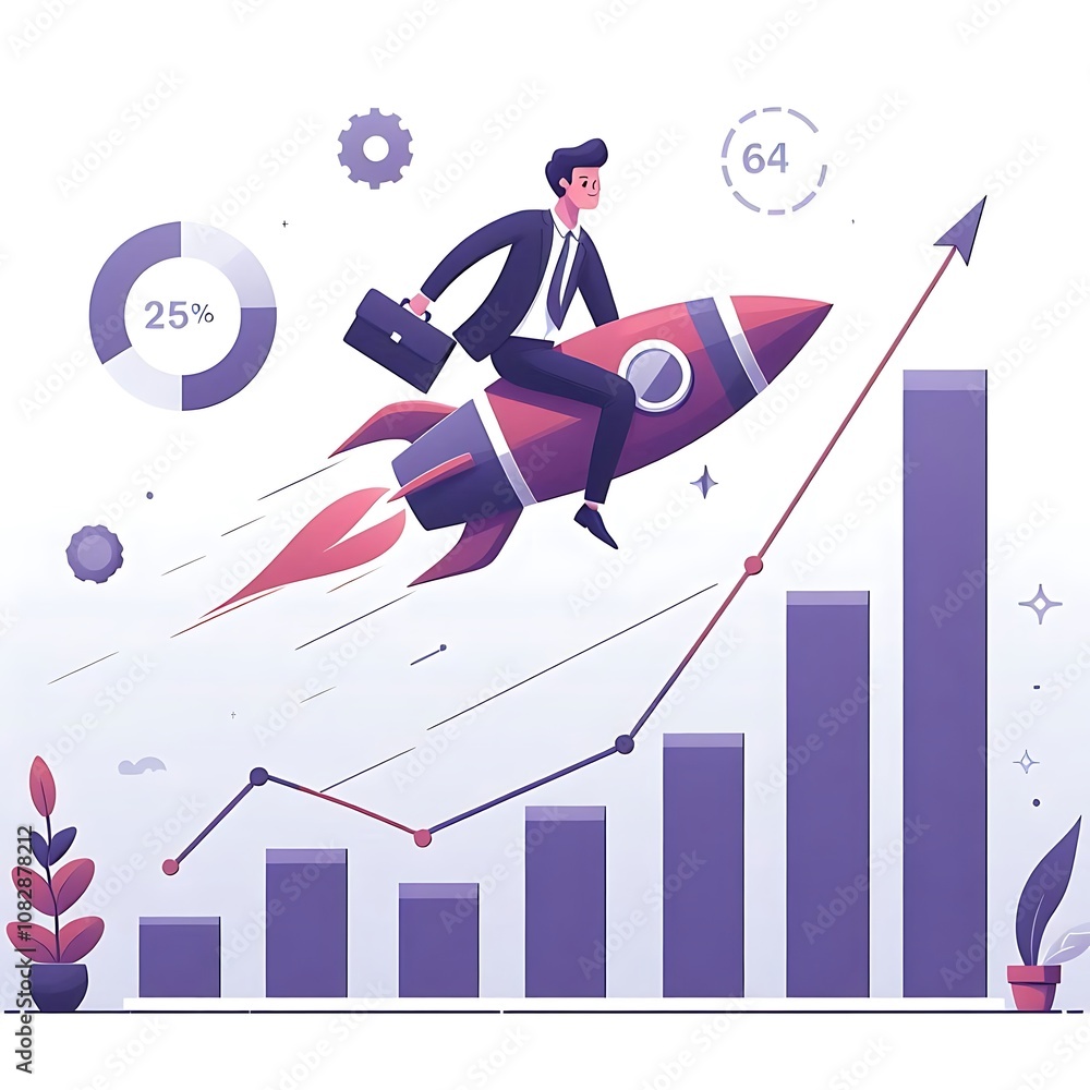 Fototapeta premium businessman riding rocket on growth bar graph in flat design illustration