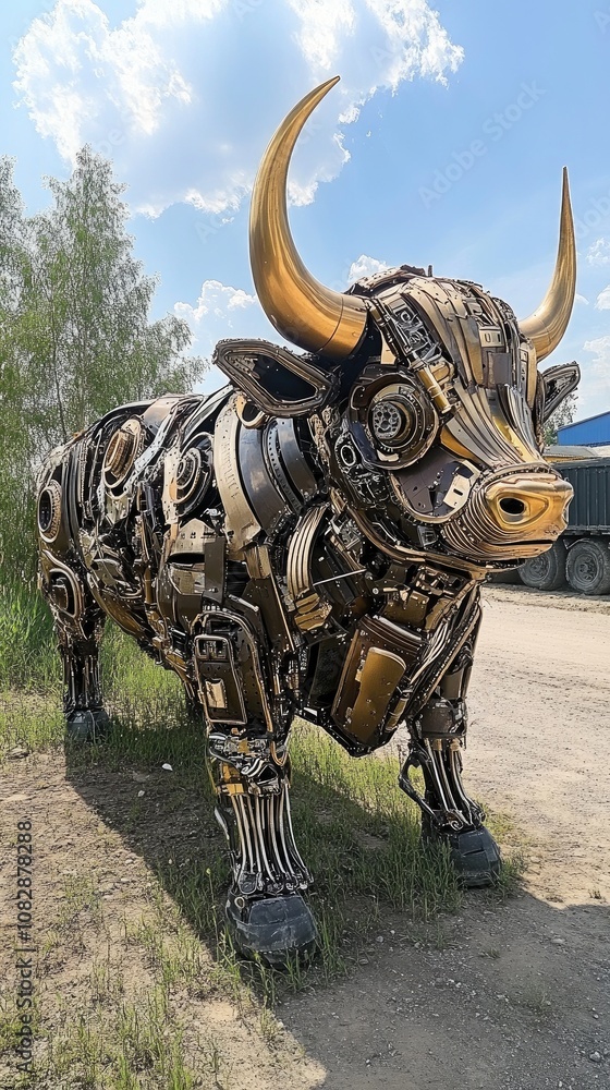 Fototapeta premium Incredible bull sculpture made from recycled car parts stands proudly in Almaty, Kazakhstan, showcasing artistic creativity and craftsmanship