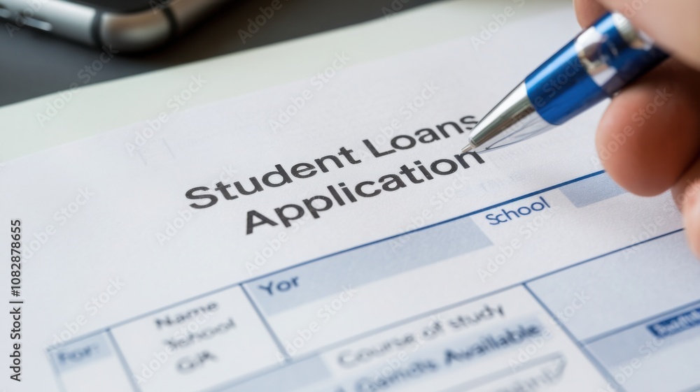 Filling out a student loan application form with pen Filling out a student loan application form with pen