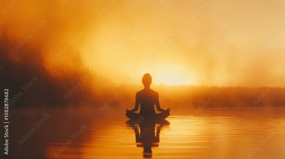 A silhouette of an individual meditates against a vibrant sunset, surrounded by a peaceful natural landscape reflecting tranquility. Generative AI A silhouette of an individual meditates against a vibrant sunset, surrounded by a peaceful natural landscape reflecting tranquility. Generative AI