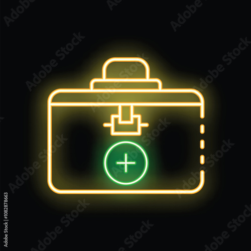 Glowing neon line first aid kit icon isolated on black background. Medical box with cross. Healthcare concept. Vector illustration