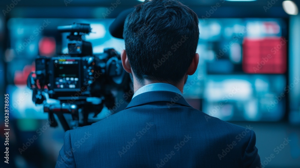 Journalist reporting on bank fraud investigation newsroom video coverage urban environment professional viewpoint accountability concept Journalist reporting on bank fraud investigation newsroom video coverage urban environment professional viewpoint accountability concept
