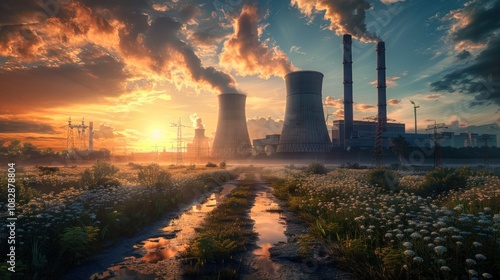 A power plant with cooling towers spewing smoke into the air at sunset, with a dirt road leading to it through a field of wildflowers.