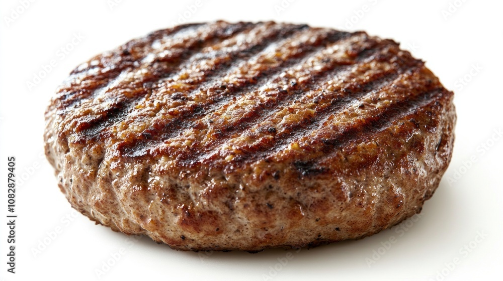 Grilled hamburger patty on white background, highlighting charred texture and juicy flavor, crisp presentation Grilled hamburger patty on white background, highlighting charred texture and juicy flavor, crisp presentation
