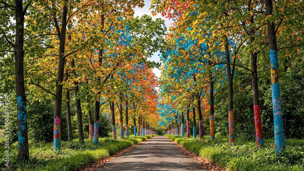 Whimsical forest path with bright painted trees Whimsical forest path with bright painted trees