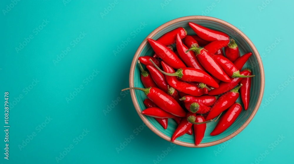 Vibrant red chili peppers in a bowl kitchen setting food photography colorful environment top-down view mala chili flavor profile highlighted Vibrant red chili peppers in a bowl kitchen setting food photography colorful environment top-down view mala chili flavor profile highlighted