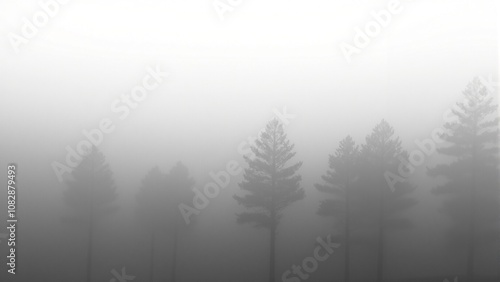 Minimalist foggy pine forest with visible tree trunks