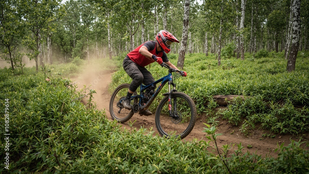 Mountain biker speeding through lush forest trail with dirt flying Mountain biker speeding through lush forest trail with dirt flying