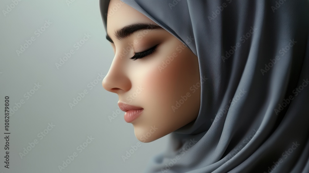 A woman wearing a simple, elegant hijab gazes down with a peaceful expression in a soft background A woman wearing a simple, elegant hijab gazes down with a peaceful expression in a soft background