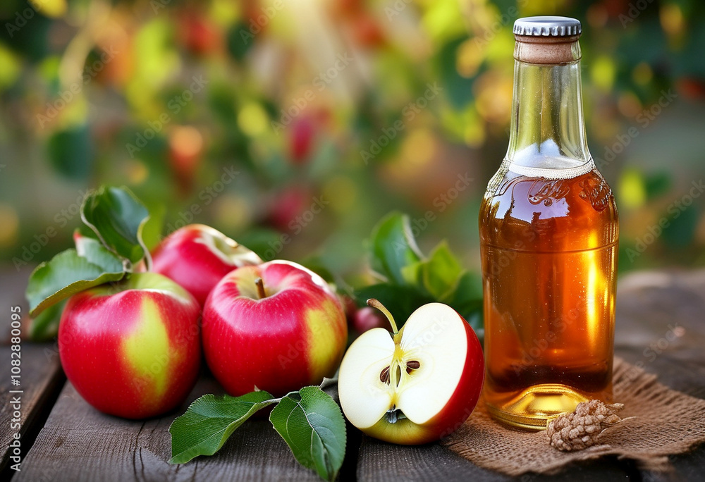 Fresh red apples and a bottle of cider on a rustic wooden table in the afternoon sun Fresh red apples and a bottle of cider on a rustic wooden table in the afternoon sun