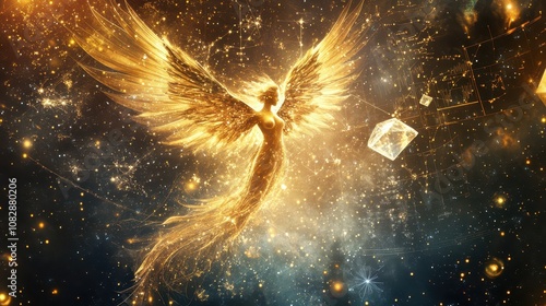 Phoenix-Winged Virgo Maiden Scattering Stardust in an Infinite Cosmos: A Celestial Background for Holistic Wellness and Spiritual Transformation. High-Resolution Art.