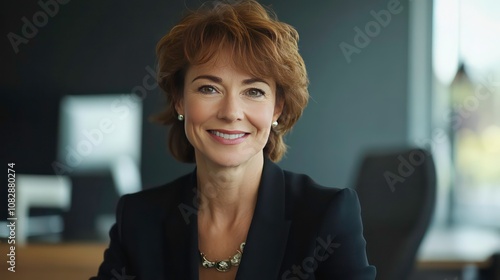 Confident smiling middle aged business woman attorney, 45 or 50 years old lady entrepreneur, mature female professional executive manager leader sitting in office looking at camera. Portrait photo