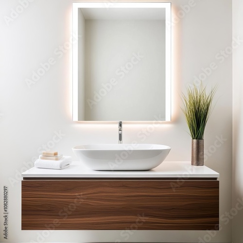 Floating vanity with under-lighting, vessel sink, large backlit mirror, sleek and contemporary design