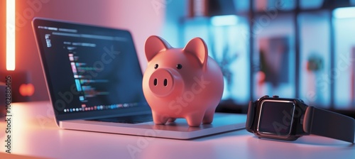 Futuristic Tech Savings Concept with Piggy Bank and Modern Gadgets on Minimalist Desk