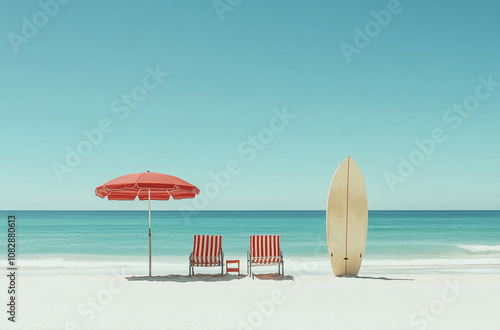 A beach scene with a red umbrella, two chairs, and a surfboard on a white sand beach photo