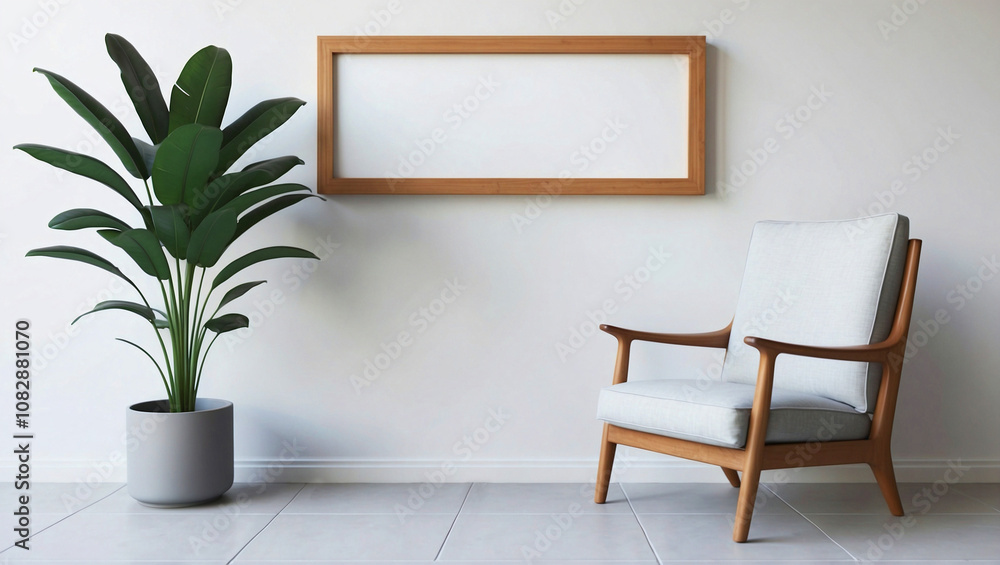 Simple and elegant minimalist interior featuring a modern gray armchair, wooden frame, and lush green plant Simple and elegant minimalist interior featuring a modern gray armchair, wooden frame, and lush green plant