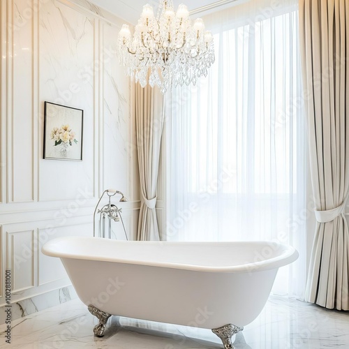 Freestanding tub, crystal chandelier, marble floor, opulent atmosphere photo