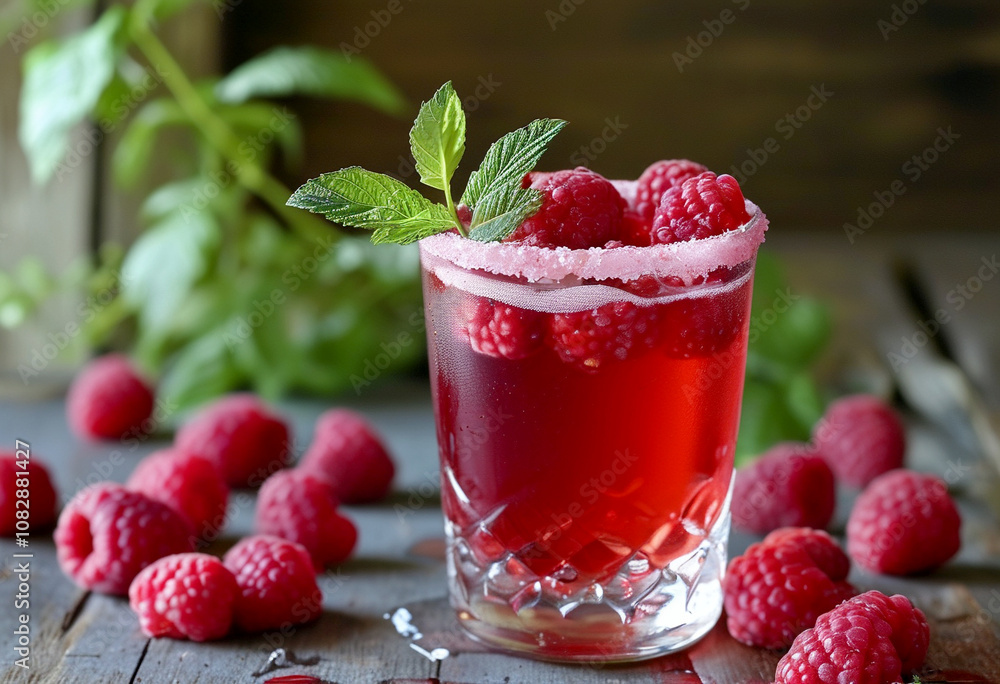 Refreshing raspberry drink garnished with mint in a rustic setting on a summer day Refreshing raspberry drink garnished with mint in a rustic setting on a summer day