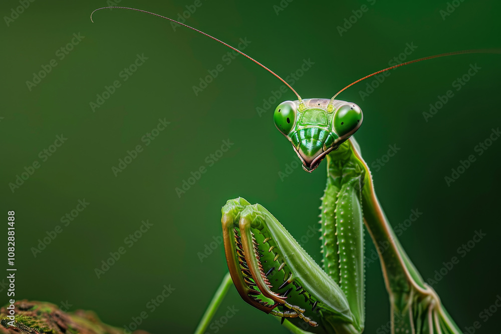 A detailed view of a green mantis perched on a branch, with its striking eyes and body highlighted against a soft green backdrop, emphasizing its intricate structure A detailed view of a green mantis perched on a branch, with its striking eyes and body highlighted against a soft green backdrop, emphasizing its intricate structure