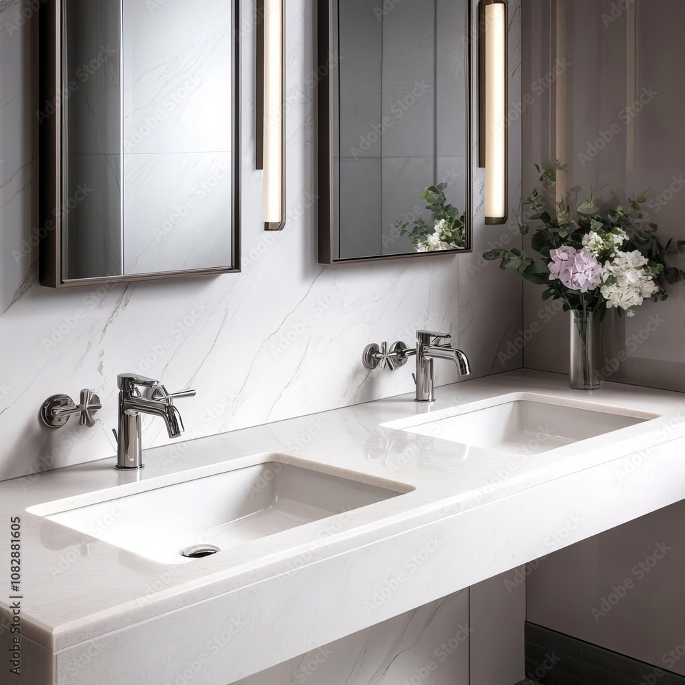 High-end hotel bathroom, double sinks, quartz countertop, wall-mounted fixtures, elegant and sophisticated design High-end hotel bathroom, double sinks, quartz countertop, wall-mounted fixtures, elegant and sophisticated design