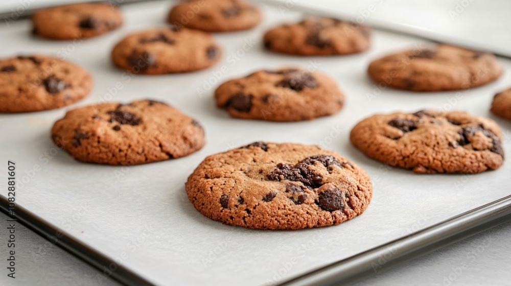 Warm, freshly baked chocolate chip cookies cooling on a baking sheet, ready to be enjoyed as a sweet treat Warm, freshly baked chocolate chip cookies cooling on a baking sheet, ready to be enjoyed as a sweet treat