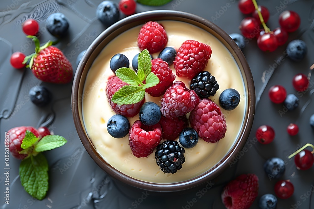 Creamy Vanilla Custard Topped with Fresh Berries and Mint Leaves on Textured Dark Background – Gourmet Dessert Concept
Creamy Vanilla Custard Topped with Fresh Berries and Mint Leaves on Textured Dark Background – Gourmet Dessert Concept