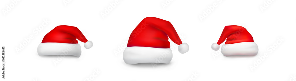 Christmas Santa Claus hat set isolated on white background. New Year red caps for video chat effects. Vector xmas selfie filter characters Christmas Santa Claus hat set isolated on white background. New Year red caps for video chat effects. Vector xmas selfie filter characters