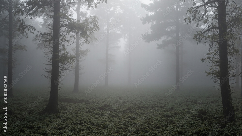 Mystical forest at dawn with fog and moss covered ground Mystical forest at dawn with fog and moss covered ground