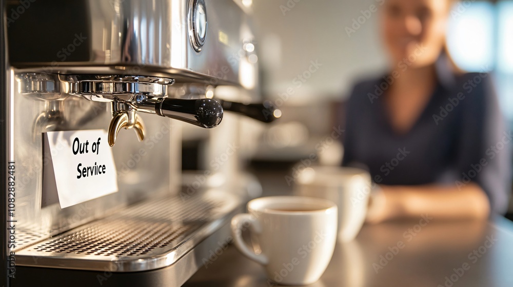 Coffee machine out of service in an office cafeteria, causing inconvenience for a professional employee Coffee machine out of service in an office cafeteria, causing inconvenience for a professional employee