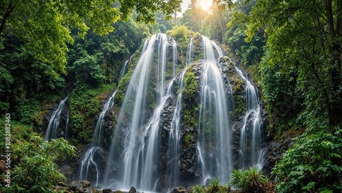 Fototapeta Naklejka Na Ścianę i Meble -  Lush rainforest waterfall in vivid HDR